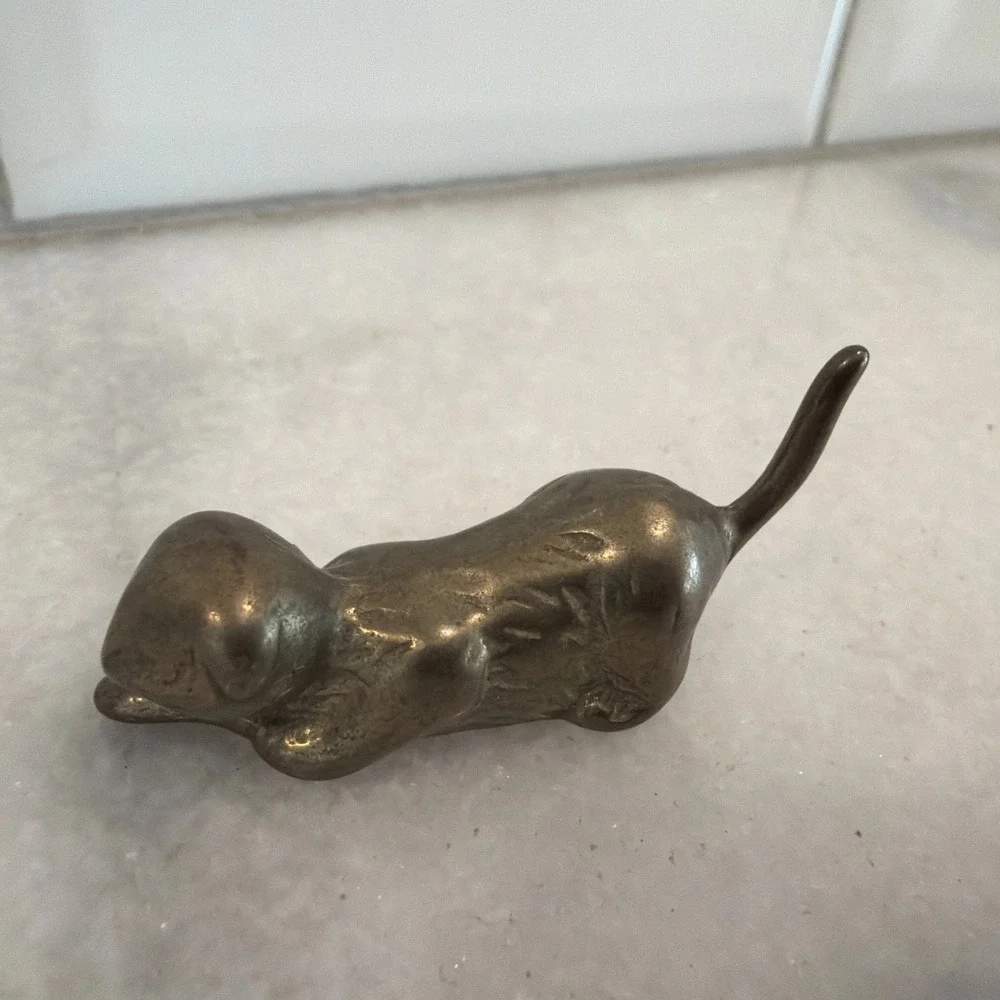 Vintage Miniature Solid Brass Hunting Pouncing Cat Figurine Tail up
